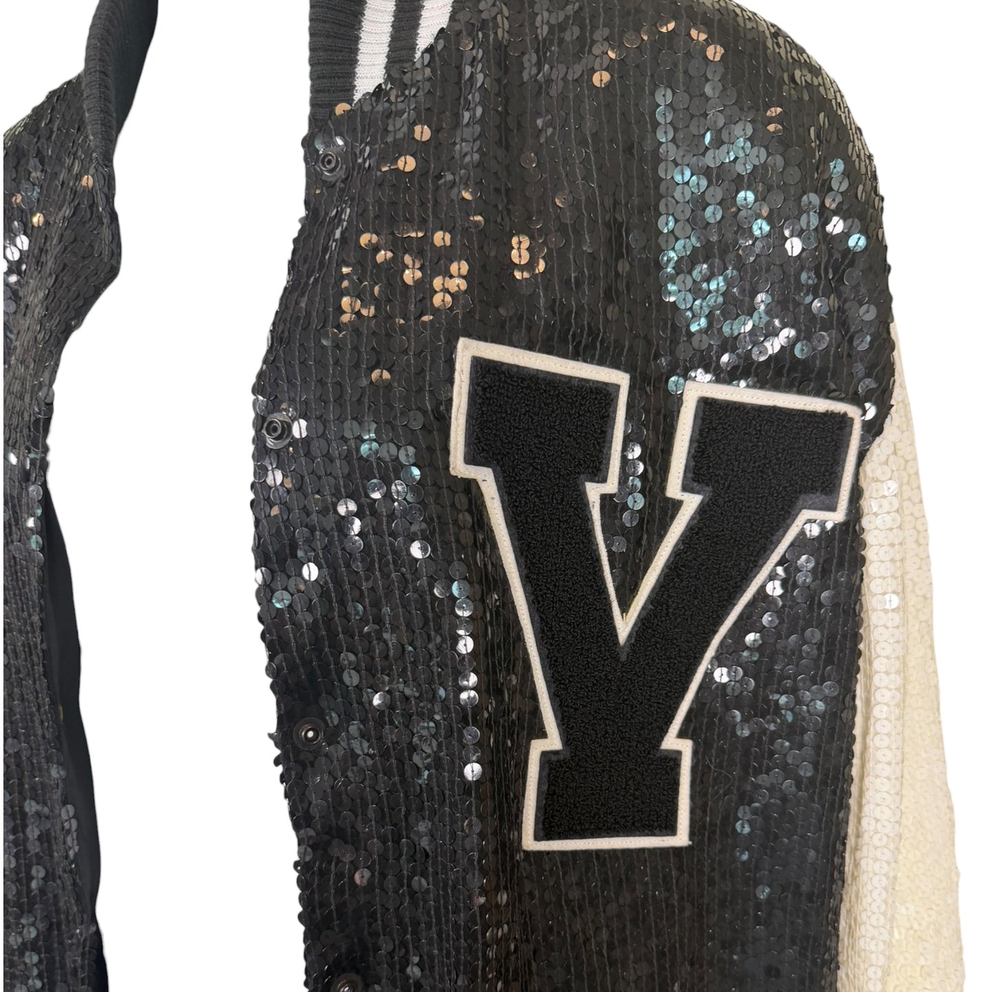 Vintage 1985 St. Martin Black & White Sequin Letterman Jacket with Chenille “Y” Patch, Size Large
