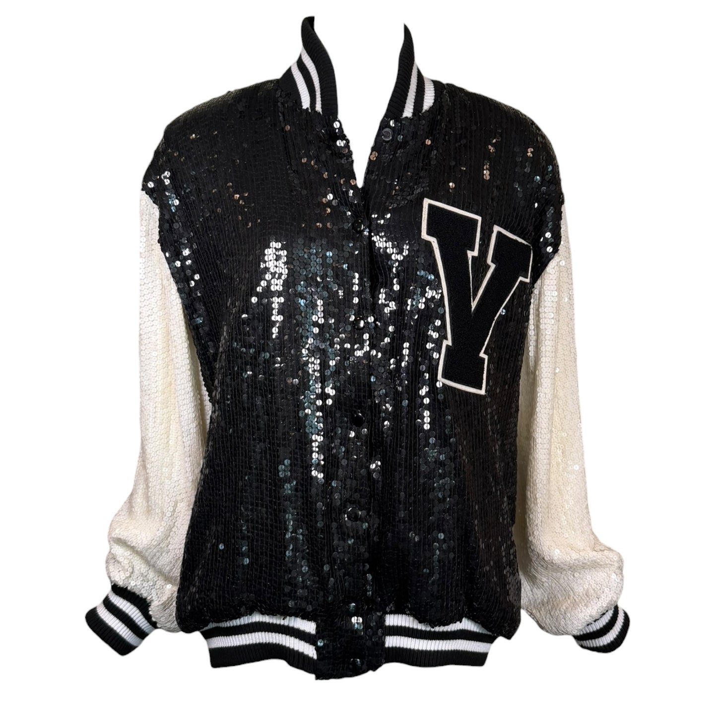 Vintage 1985 St. Martin Black & White Sequin Letterman Jacket with Chenille “Y” Patch, Size Large