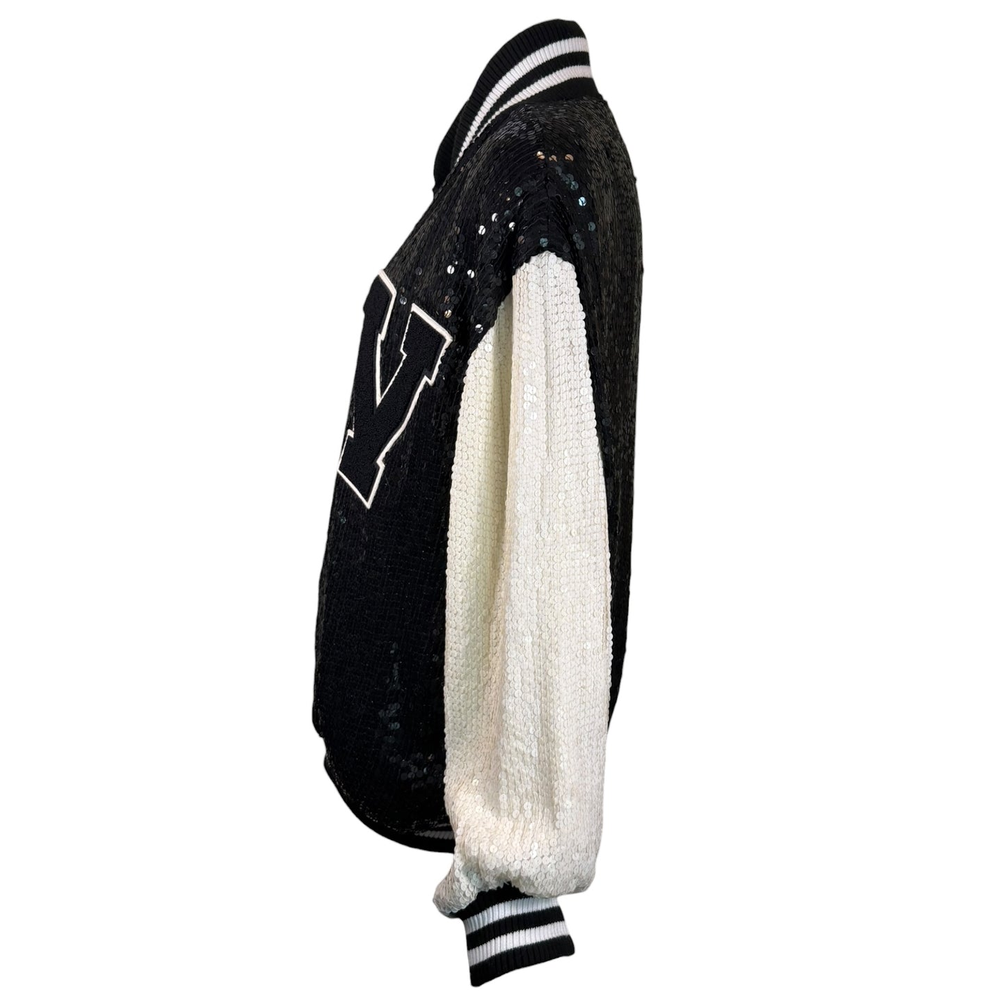 Vintage 1985 St. Martin Black & White Sequin Letterman Jacket with Chenille “Y” Patch, Size Large