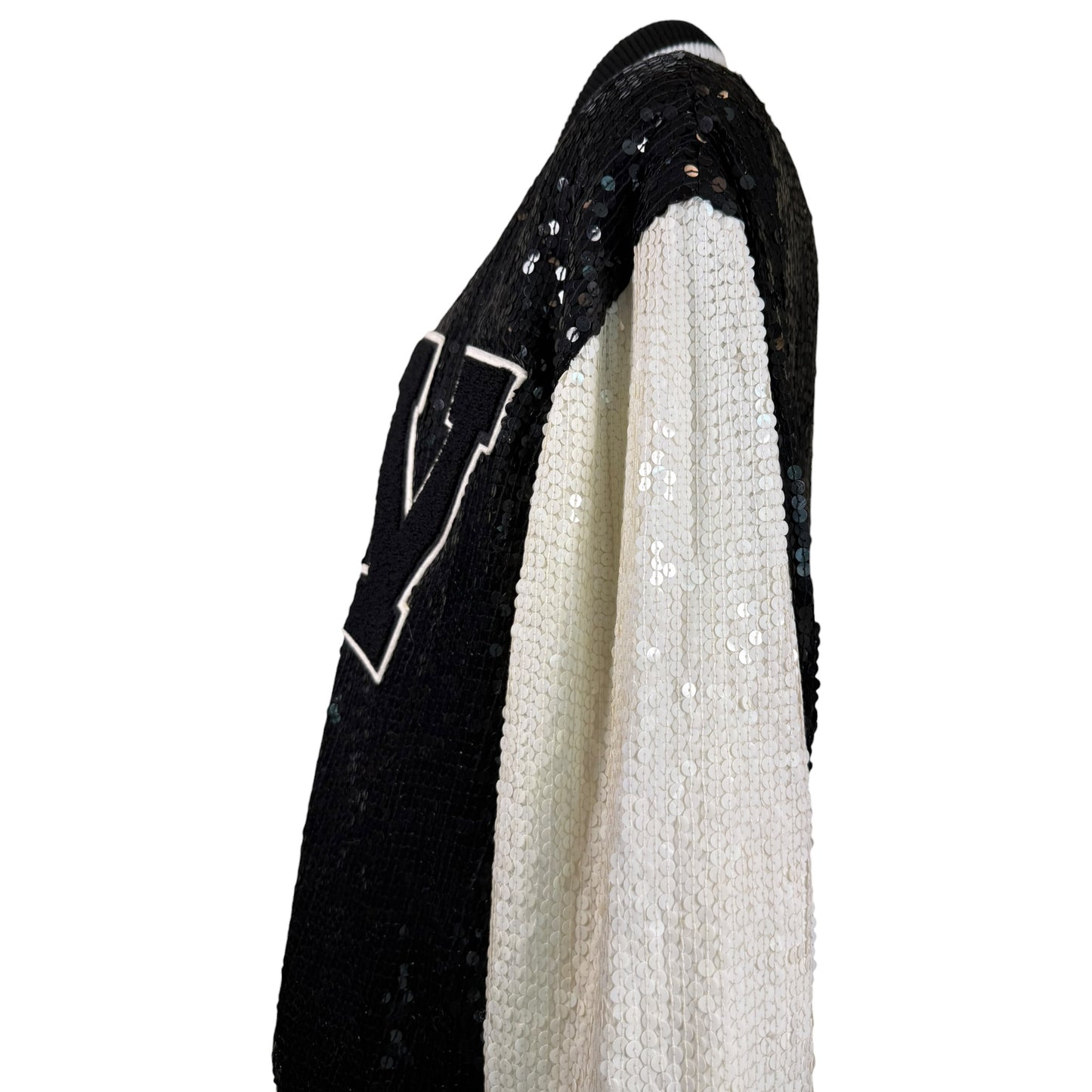 Vintage 1985 St. Martin Black & White Sequin Letterman Jacket with Chenille “Y” Patch, Size Large