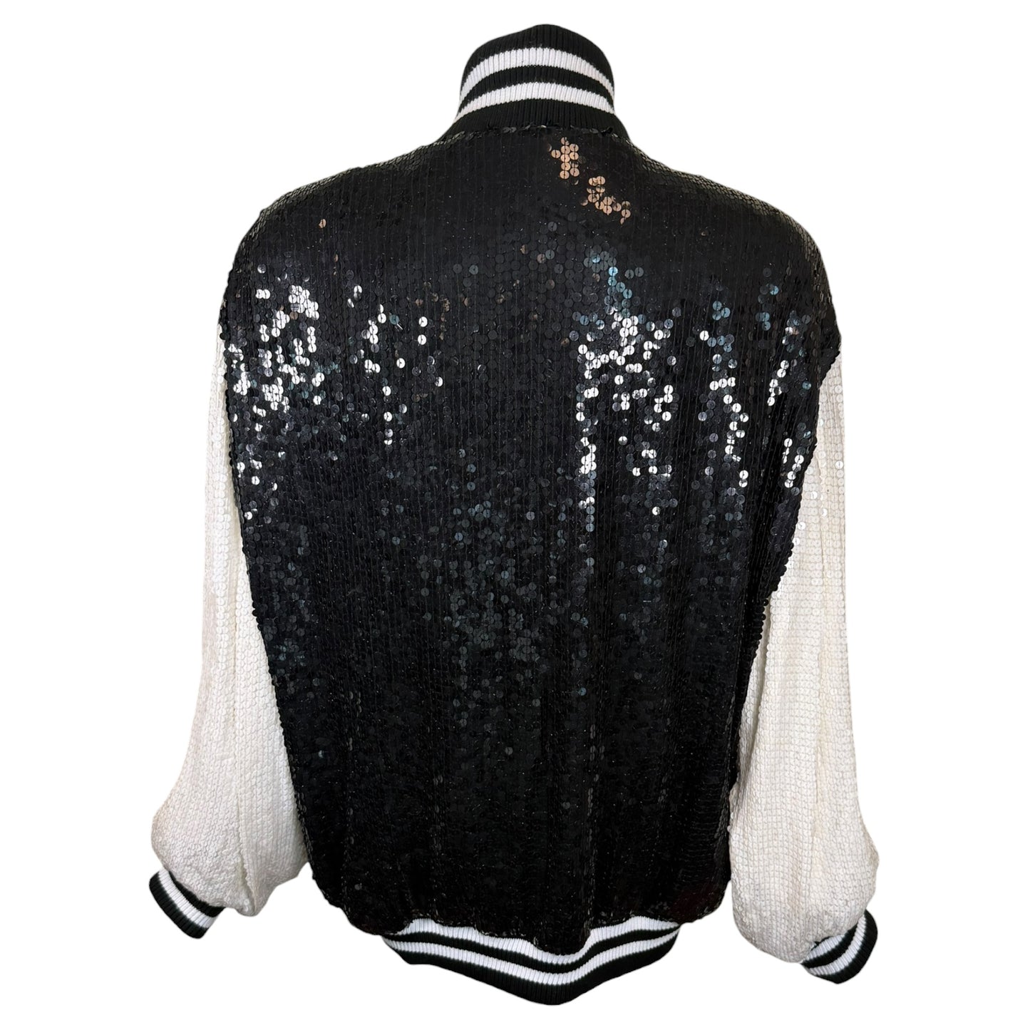 Vintage 1985 St. Martin Black & White Sequin Letterman Jacket with Chenille “Y” Patch, Size Large