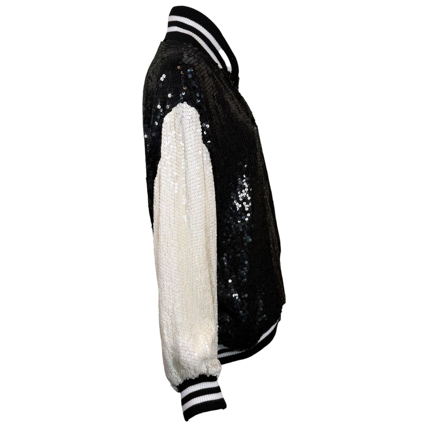 Vintage 1985 St. Martin Black & White Sequin Letterman Jacket with Chenille “Y” Patch, Size Large