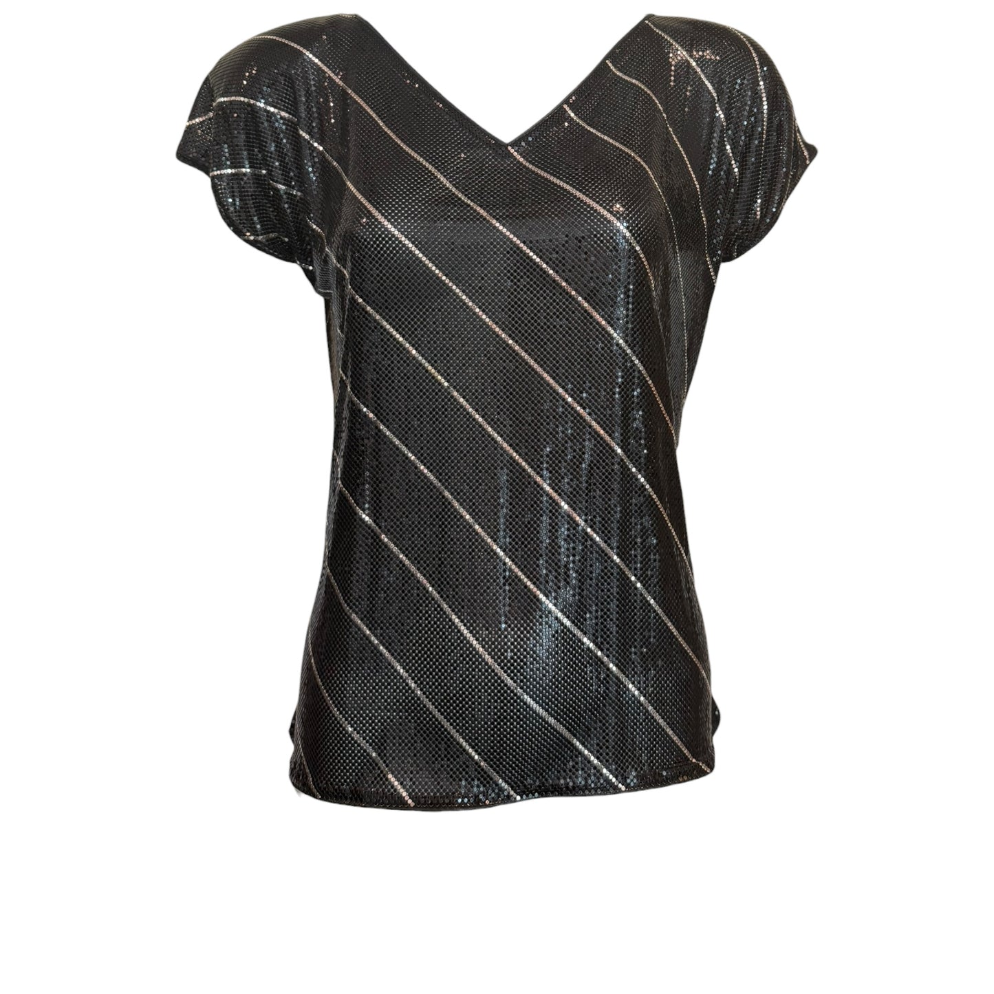 Vintage 1970s Whiting & Davis Black Metal Mesh Top with Silver Stripes