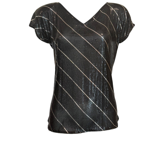 Vintage 1970s Whiting & Davis Black Metal Mesh Top with Silver Stripes