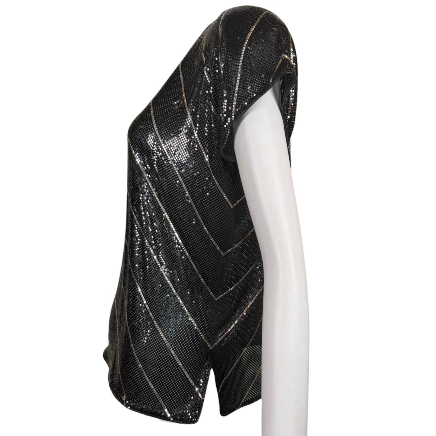 Vintage 1970s Whiting & Davis Black Metal Mesh Top with Silver Stripes