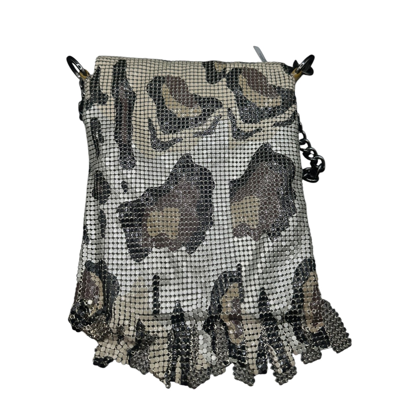 Whiting and Davis camo mesh fringe bag, side view