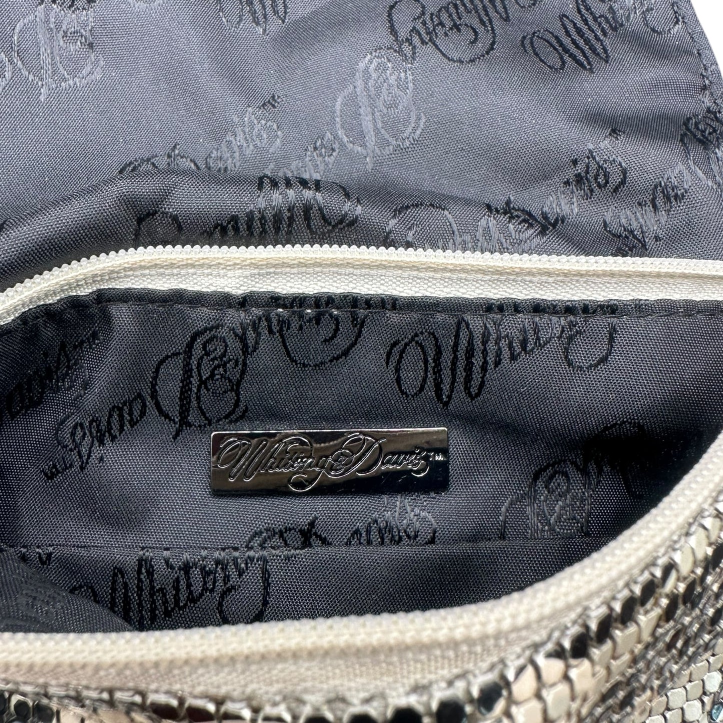 Whiting and Davis camo mesh fringe bag, fringe detail close-up