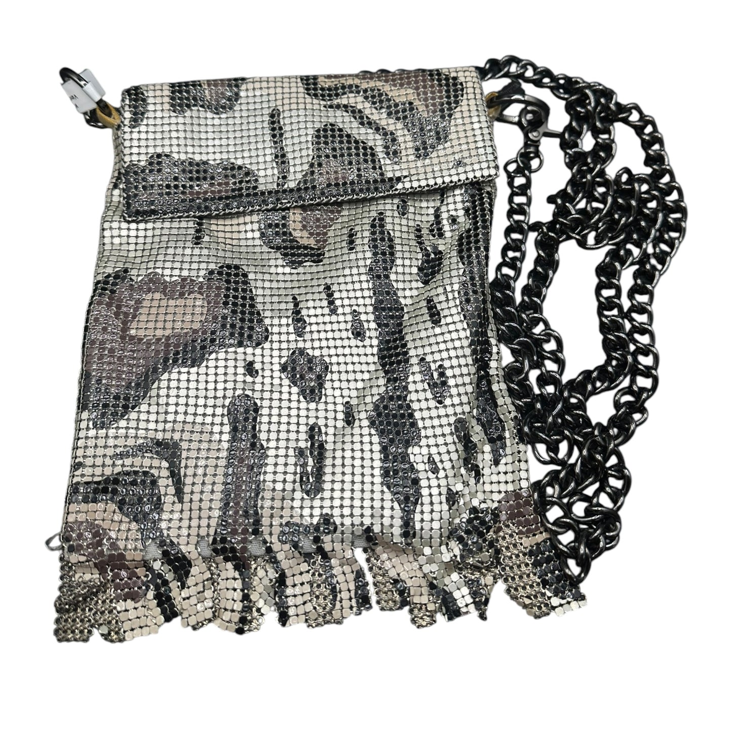 Whiting and Davis camo mesh fringe bag, interior view