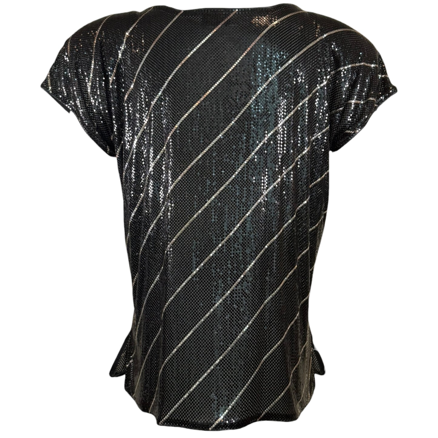 Vintage 1970s Whiting & Davis Black Metal Mesh Top with Silver Stripes