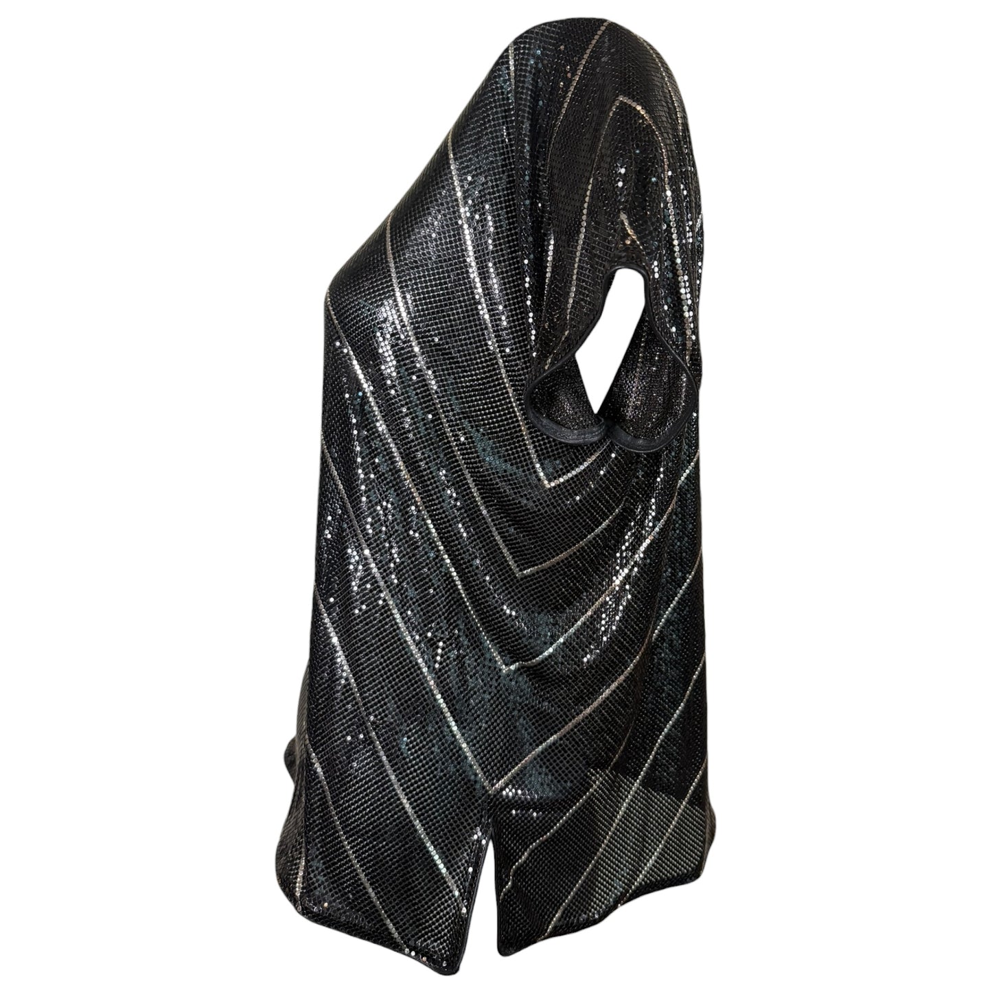 Vintage 1970s Whiting & Davis Black Metal Mesh Top with Silver Stripes