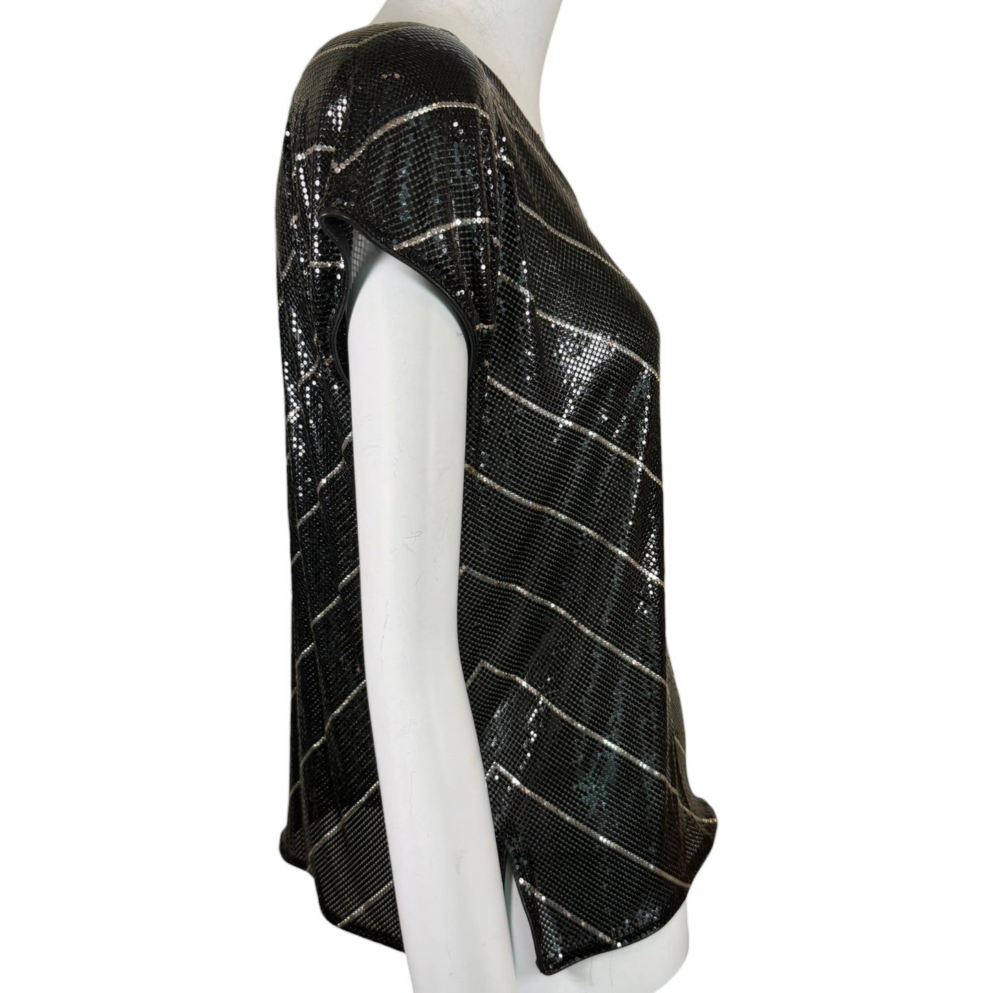 Vintage 1970s Whiting & Davis Black Metal Mesh Top with Silver Stripes