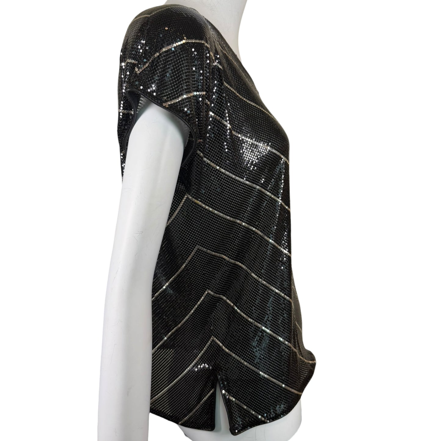 Vintage 1970s Whiting & Davis Black Metal Mesh Top with Silver Stripes