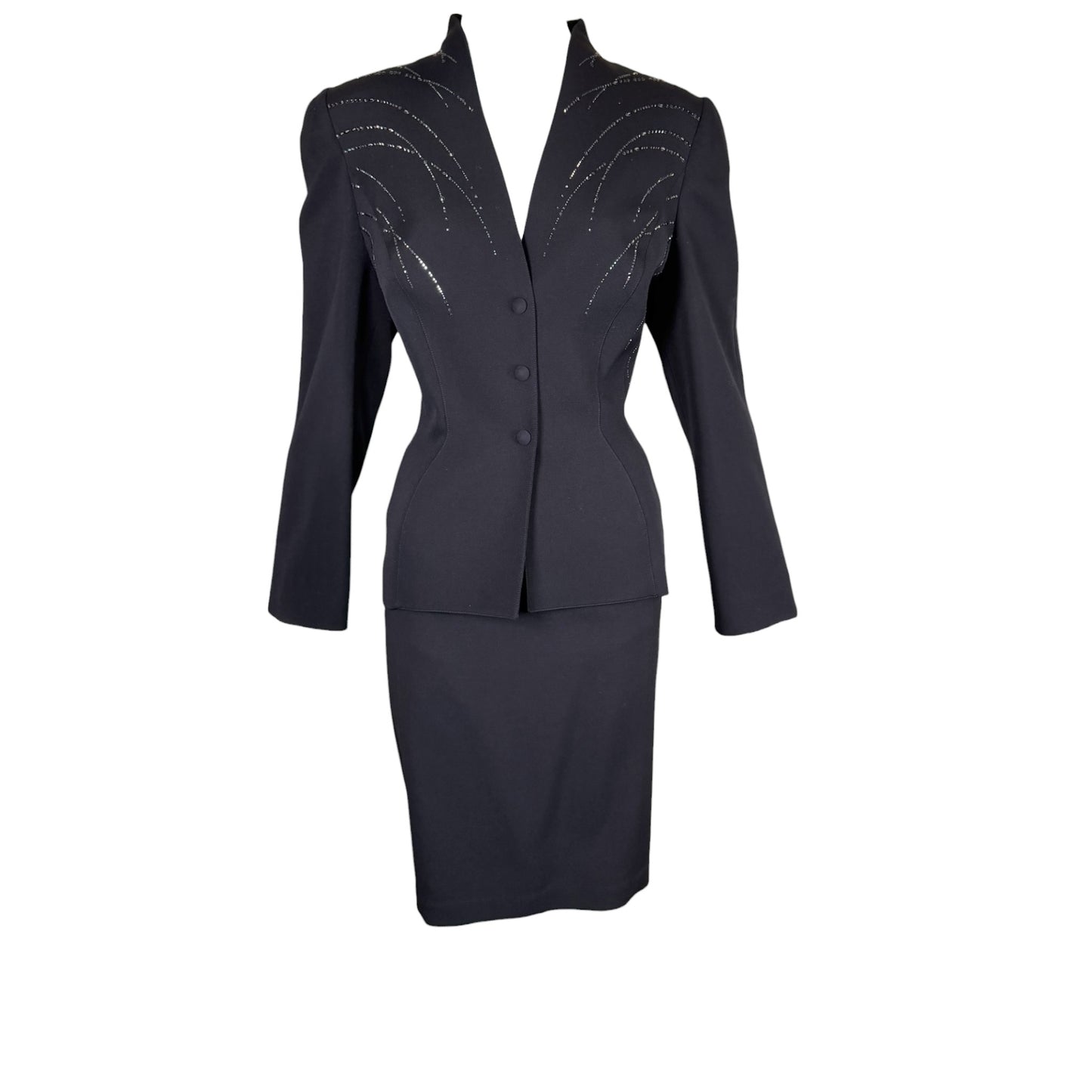 Vintage Thierry Mugler Paris 1980s Black Crystal Embellished Wool Suit Set Size 40
