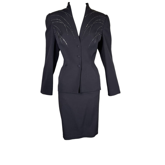 Vintage Thierry Mugler Paris 1980s Black Crystal Embellished Wool Suit Set Size 40