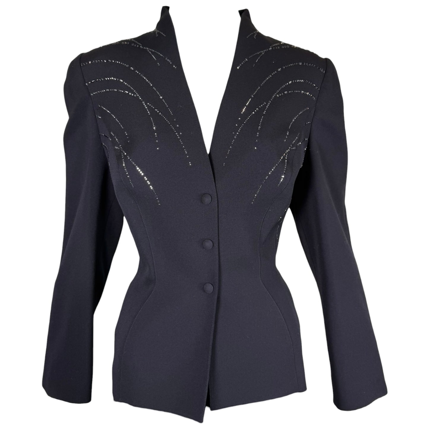 Vintage Thierry Mugler Paris 1980s Black Crystal Embellished Wool Suit Set Size 40