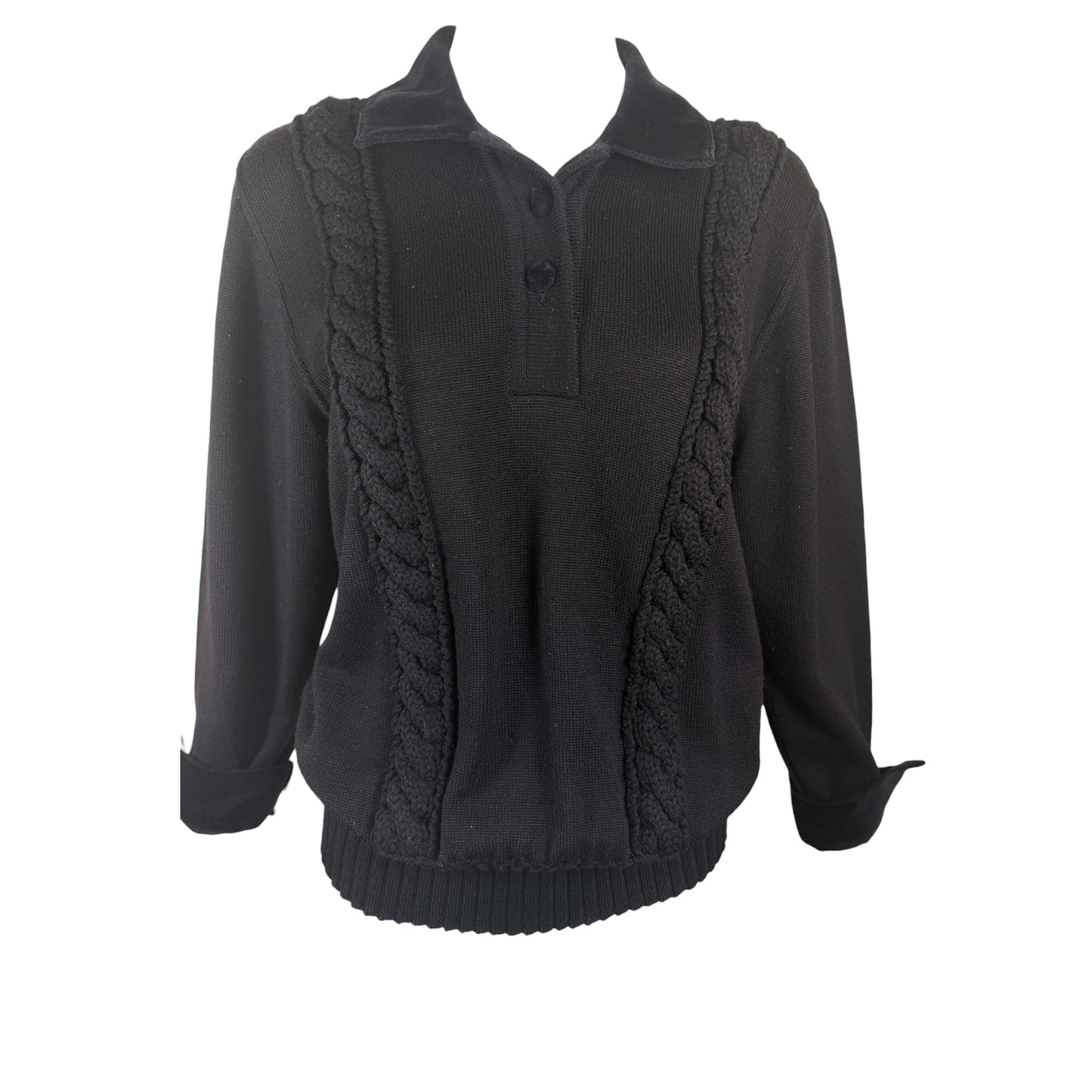 Vintage Fendi 1980s Black Wool Knit Sweater with Velvet Collar & Covered Buttons, Size 42