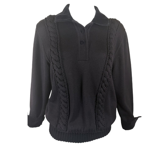 Vintage Fendi 1980s Black Wool Knit Sweater with Velvet Collar & Covered Buttons, Size 42