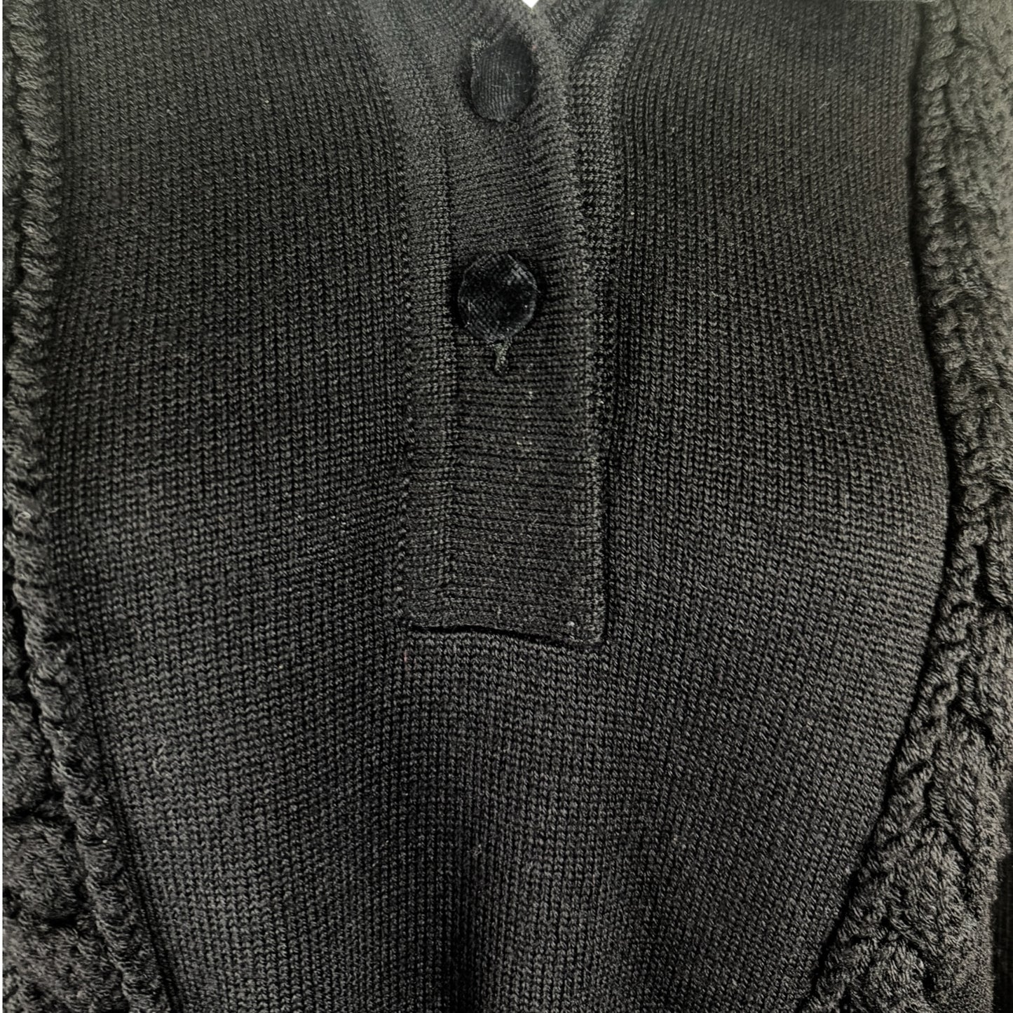 Vintage Fendi 1980s Black Wool Knit Sweater with Velvet Collar & Covered Buttons, Size 42
