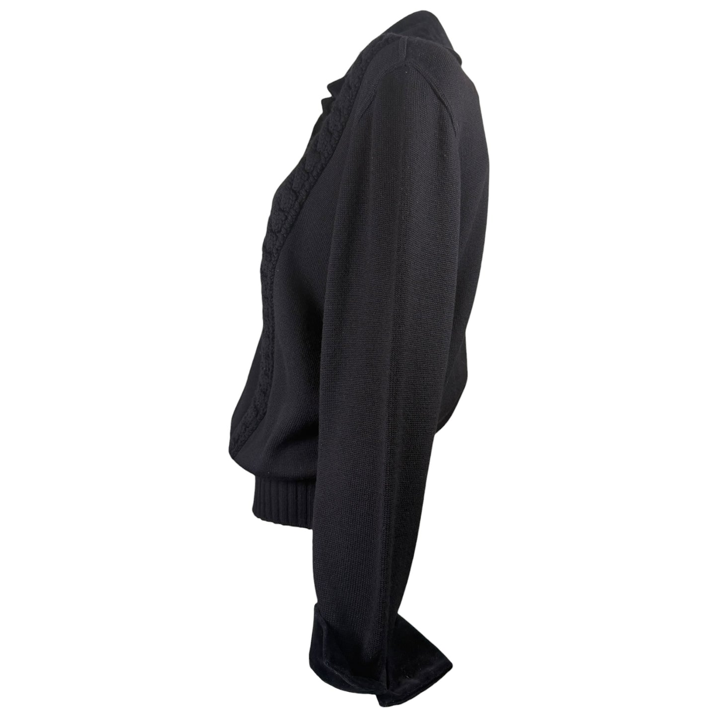 Vintage Fendi 1980s Black Wool Knit Sweater with Velvet Collar & Covered Buttons, Size 42