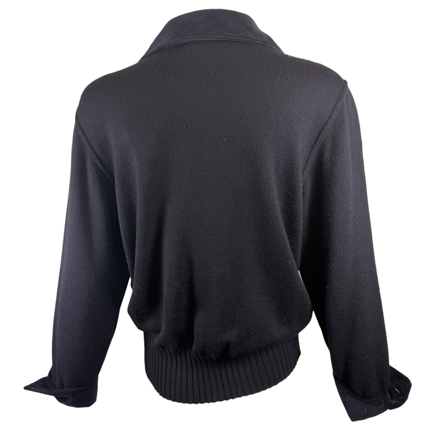 Vintage Fendi 1980s Black Wool Knit Sweater with Velvet Collar & Covered Buttons, Size 42