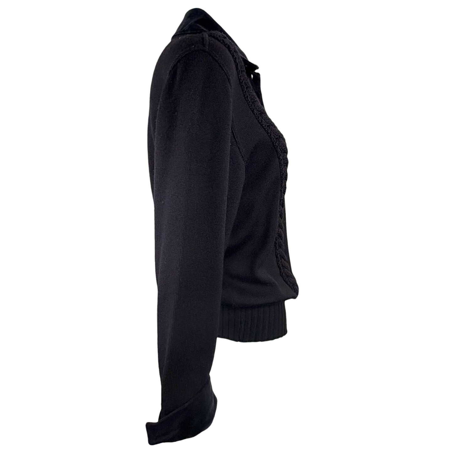 Vintage Fendi 1980s Black Wool Knit Sweater with Velvet Collar & Covered Buttons, Size 42