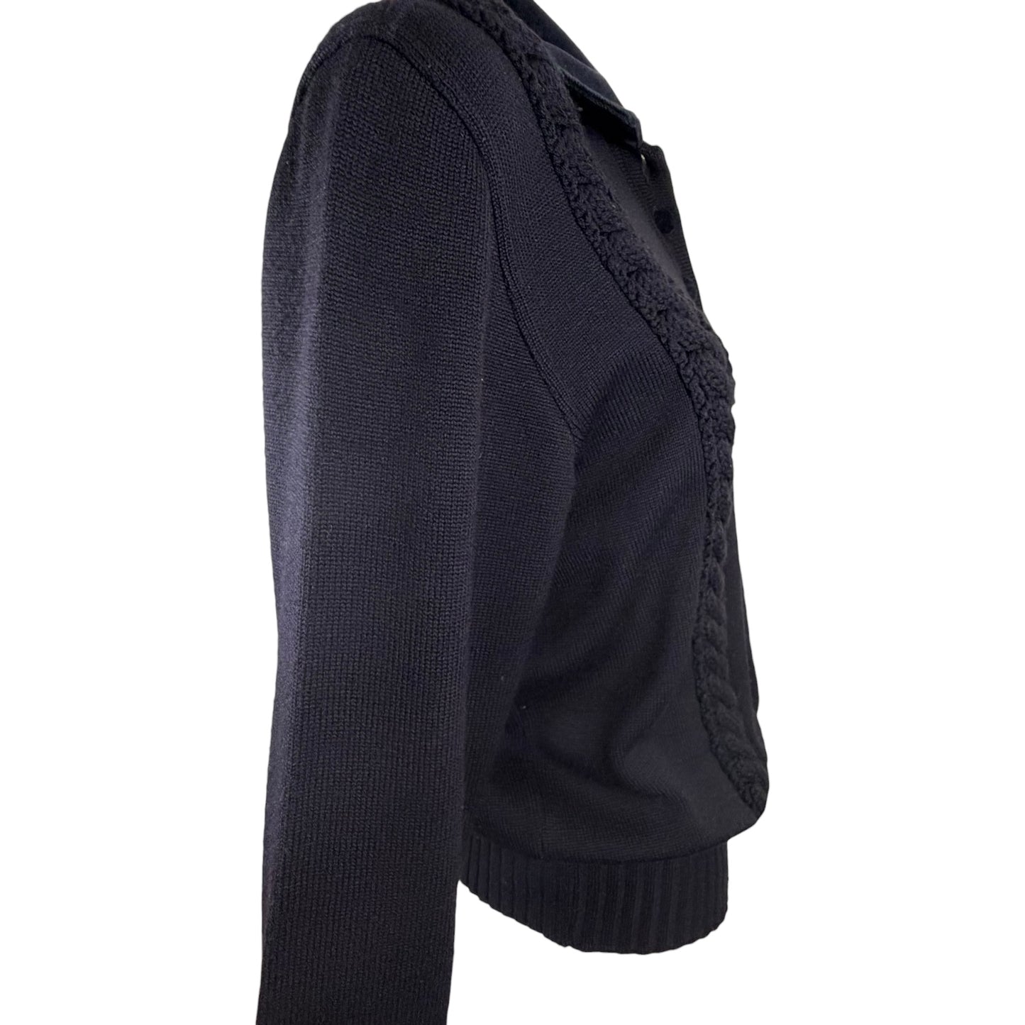 Vintage Fendi 1980s Black Wool Knit Sweater with Velvet Collar & Covered Buttons, Size 42