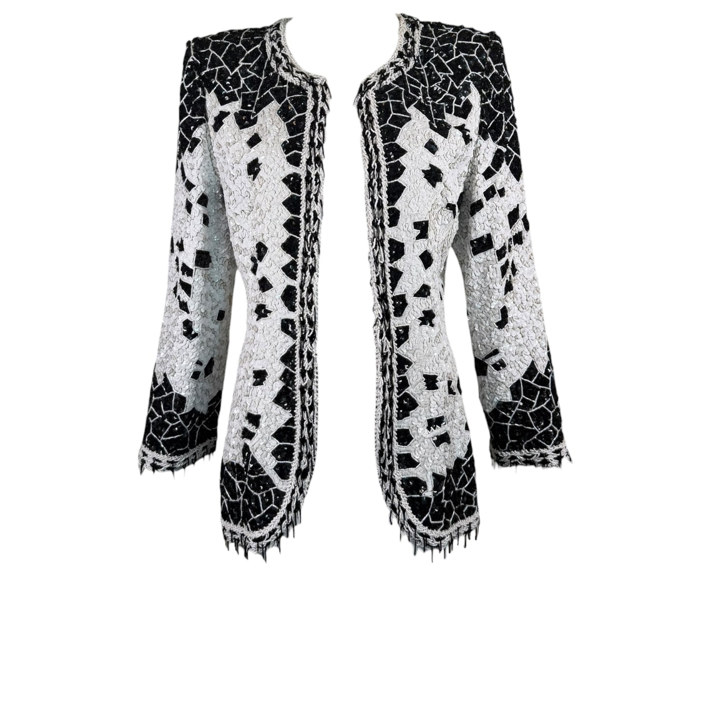 Vintage 1990s Galanos Couture Black & White Art Deco Beaded Sequin Evening Jacket