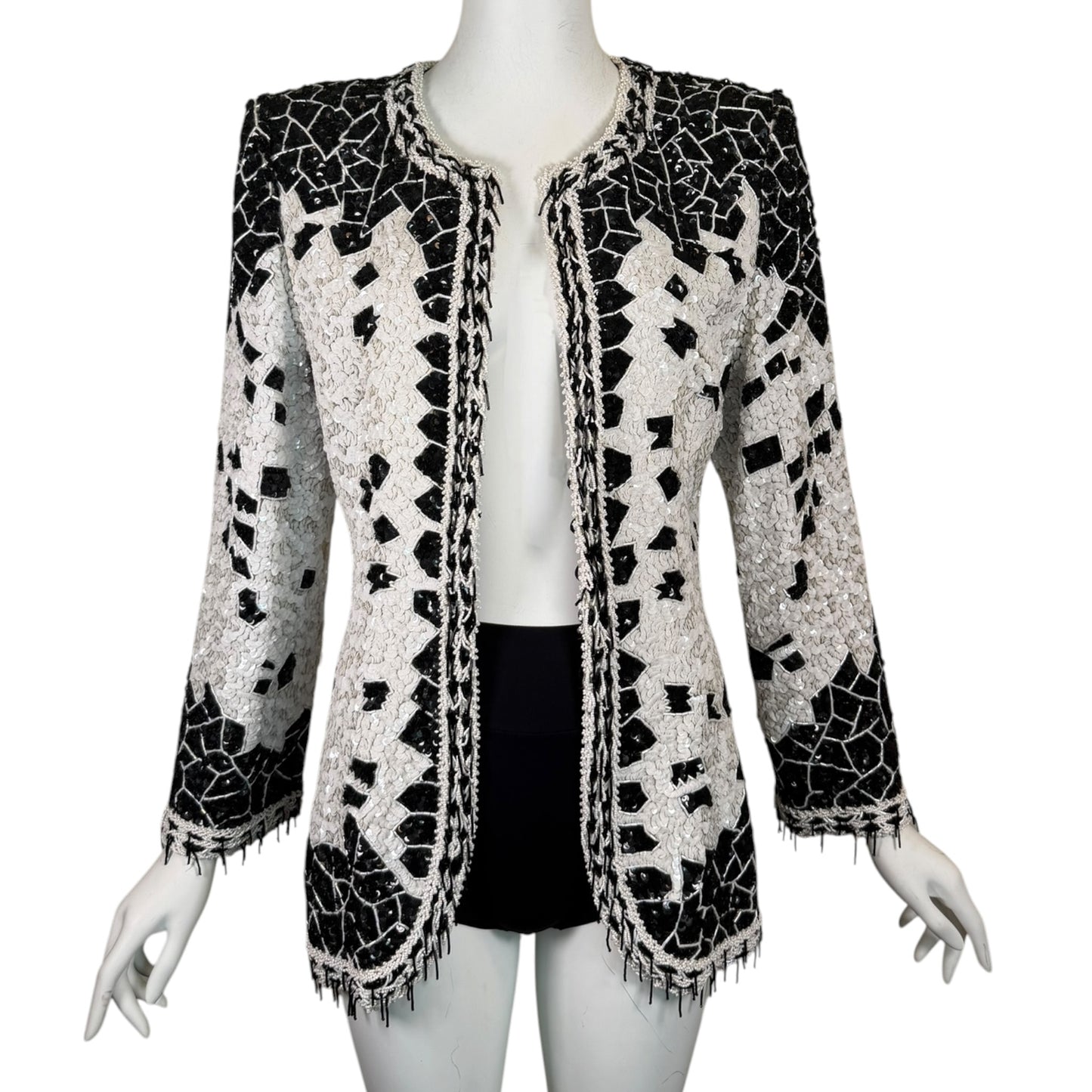 Vintage 1990s Galanos Couture Black & White Art Deco Beaded Sequin Evening Jacket