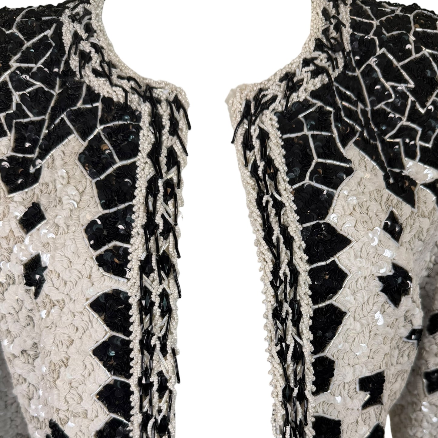 Vintage 1990s Galanos Couture Black & White Art Deco Beaded Sequin Evening Jacket