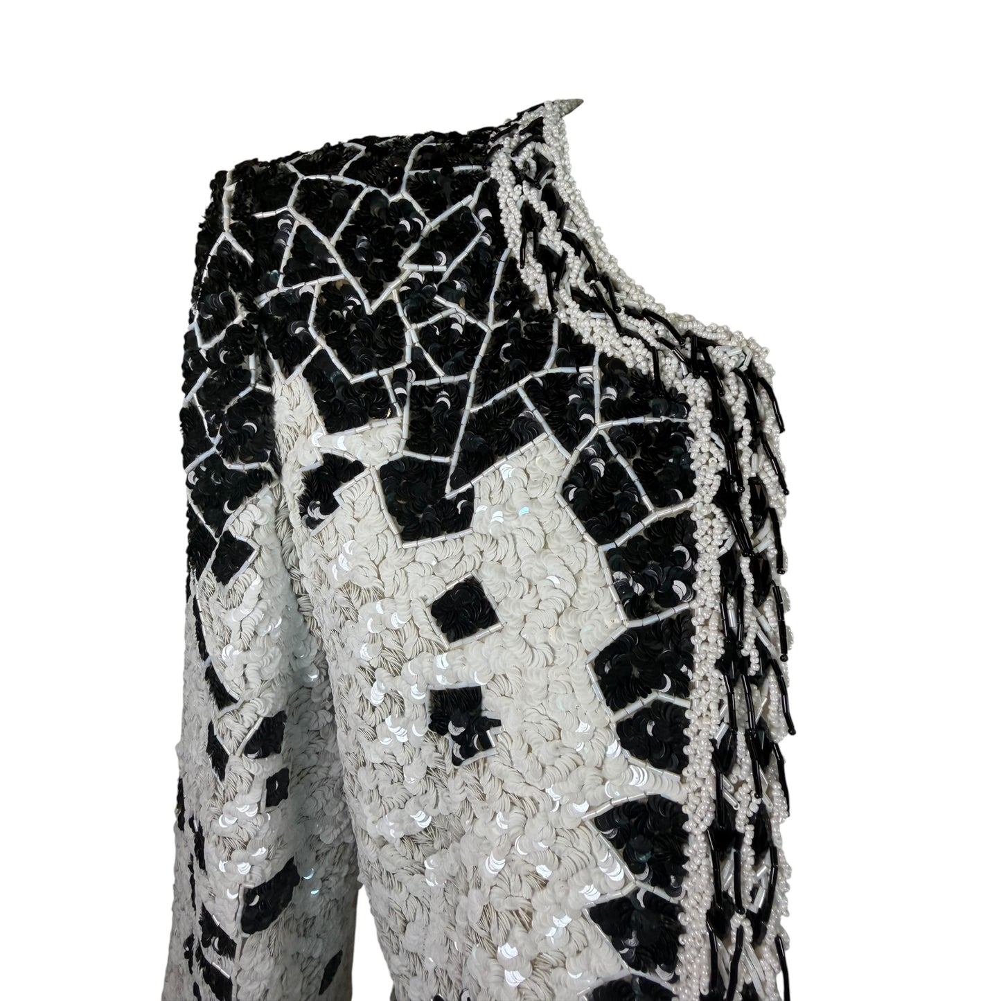 Vintage 1990s Galanos Couture Black & White Art Deco Beaded Sequin Evening Jacket