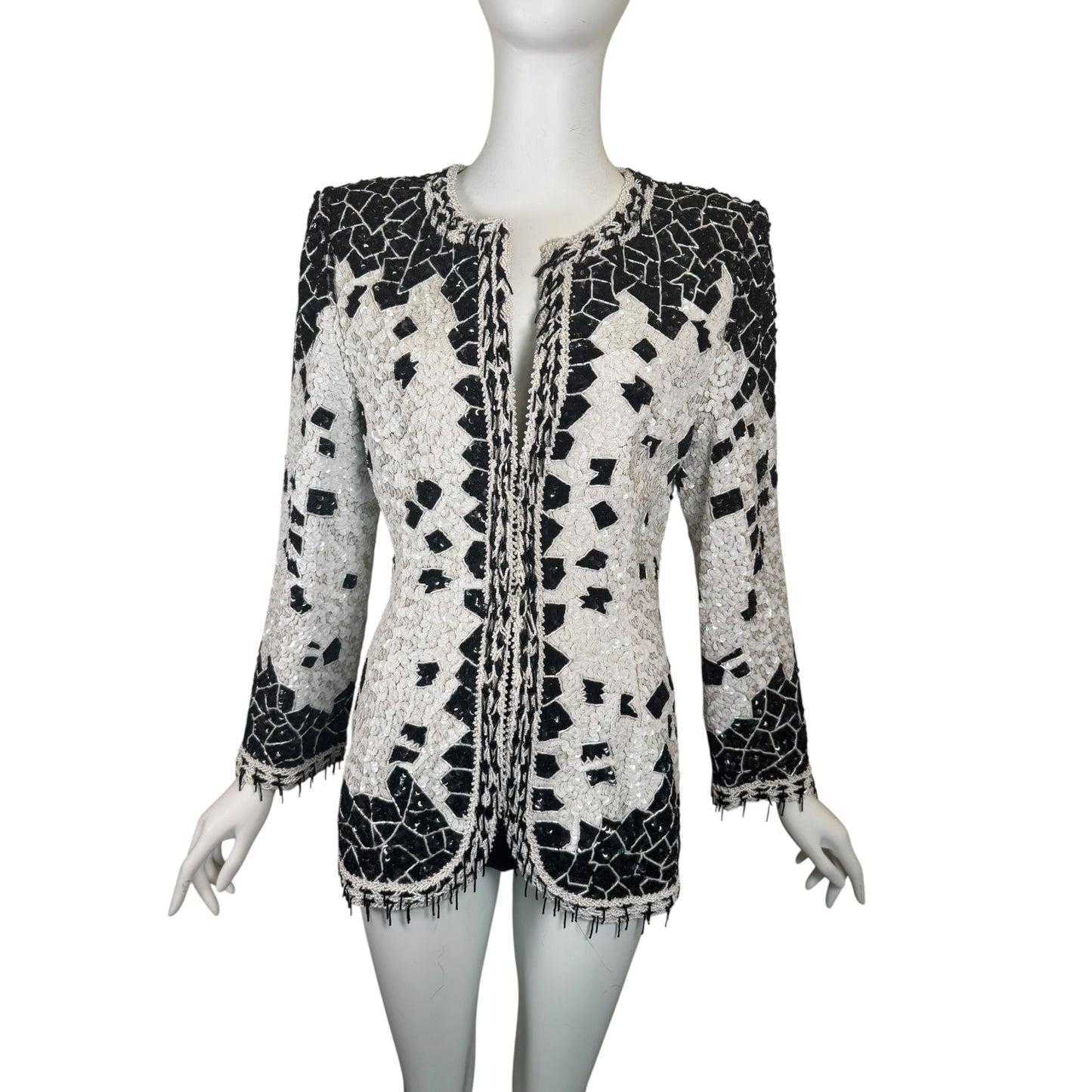 Vintage 1990s Galanos Couture Black & White Art Deco Beaded Sequin Evening Jacket