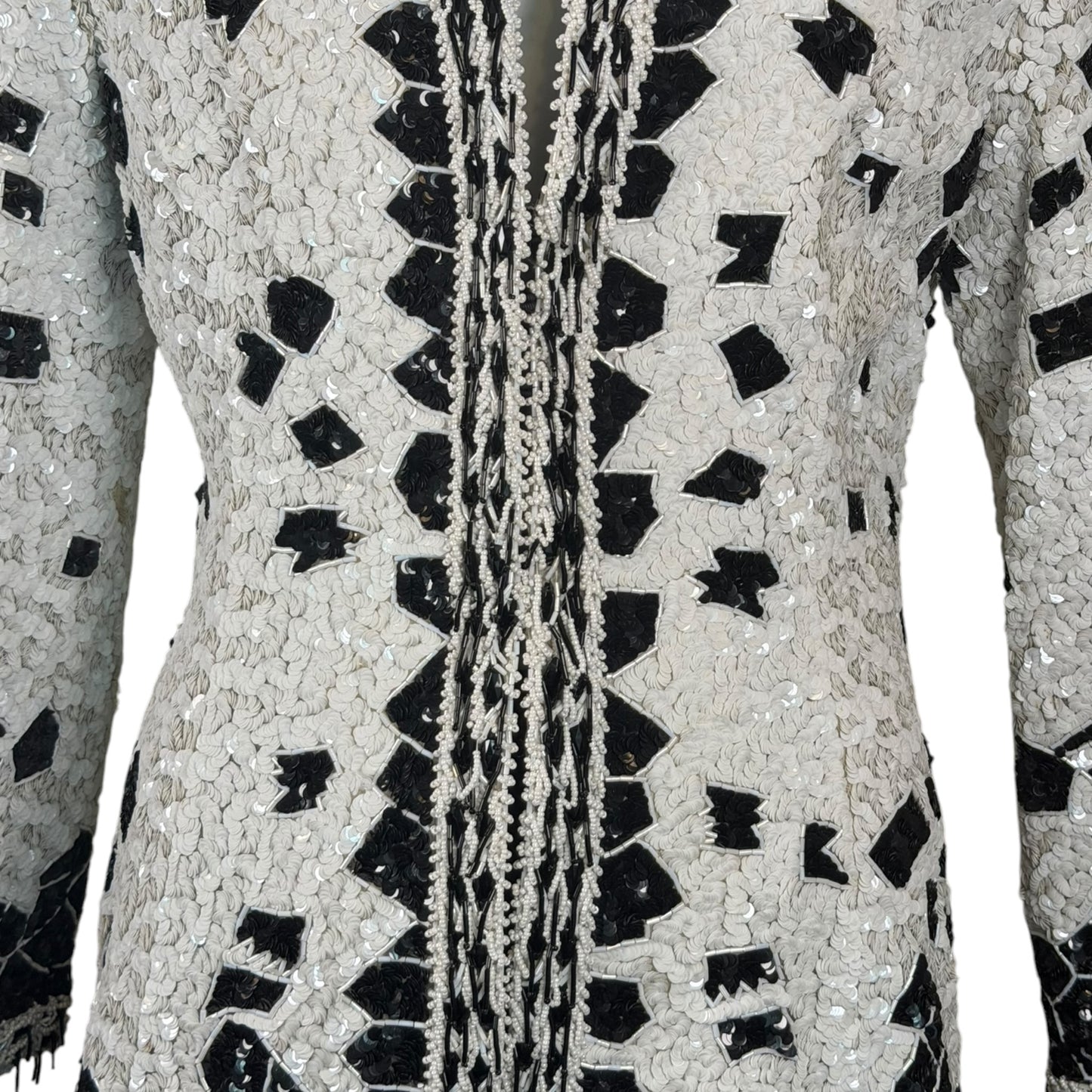 Vintage 1990s Galanos Couture Black & White Art Deco Beaded Sequin Evening Jacket