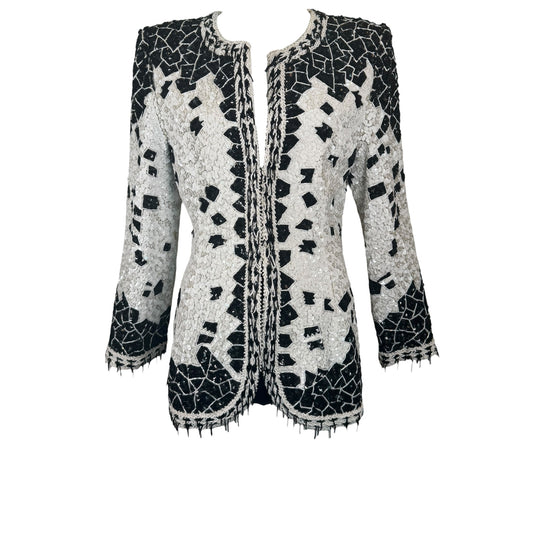 Vintage 1990s Galanos Couture Black & White Art Deco Beaded Sequin Evening Jacket