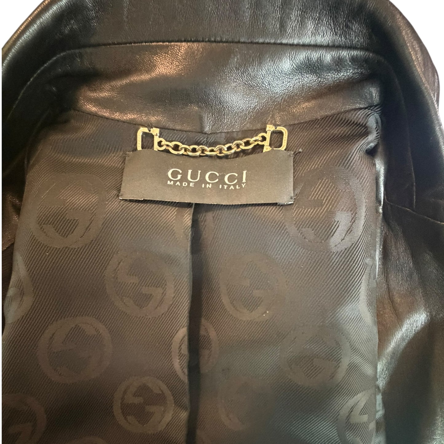 Gucci by Tom Ford Black Leather Tailored Blazer with Embossed GG Logo Back Panel Size 38