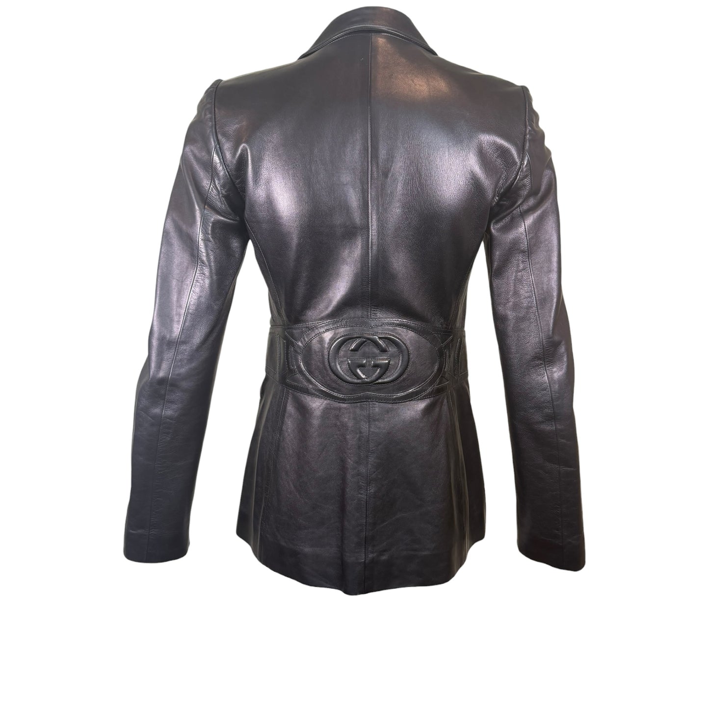 Gucci by Tom Ford Black Leather Tailored Blazer with Embossed GG Logo Back Panel Size 38