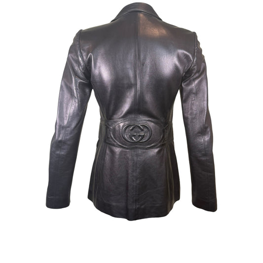 Gucci by Tom Ford Black Leather Tailored Blazer with Embossed GG Logo Back Panel Size 38