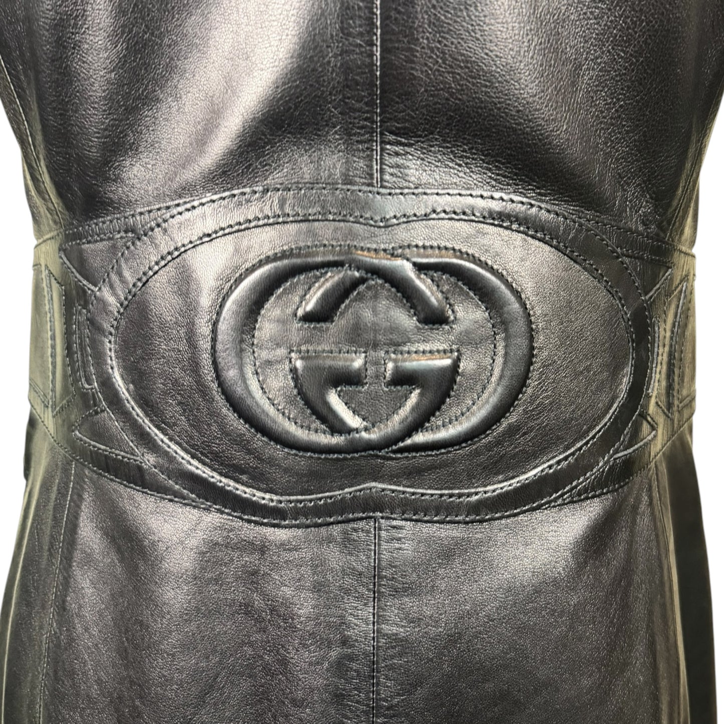 Gucci by Tom Ford Black Leather Tailored Blazer with Embossed GG Logo Back Panel Size 38