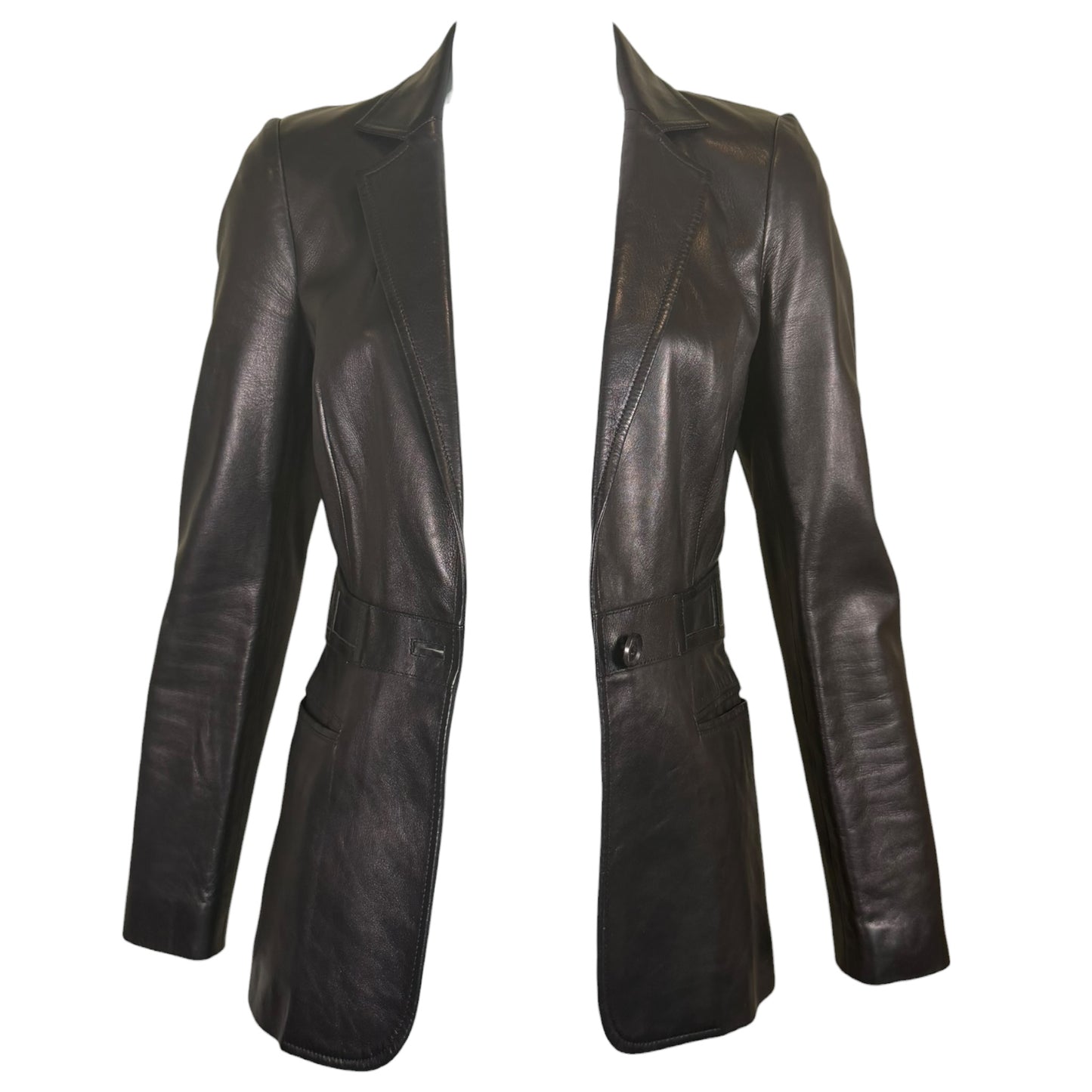 Gucci by Tom Ford Black Leather Tailored Blazer with Embossed GG Logo Back Panel Size 38