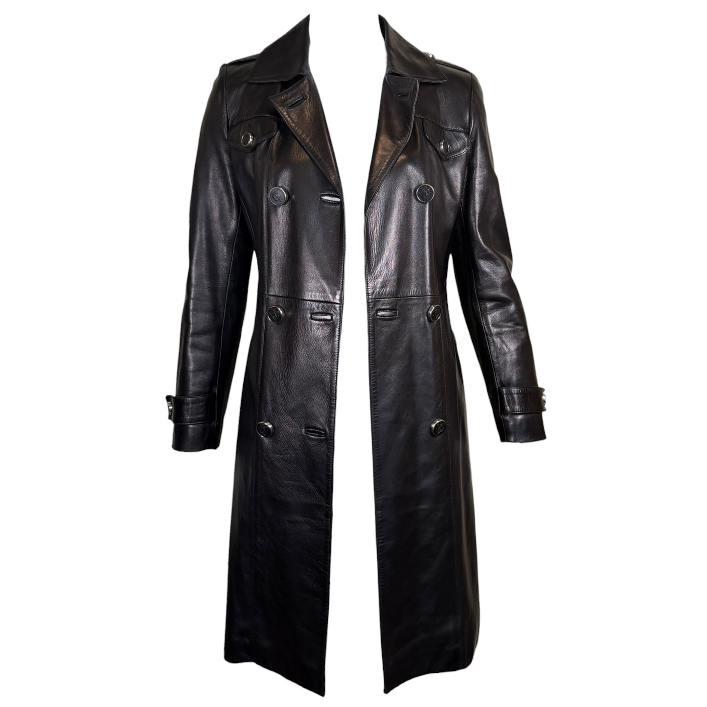 Gucci by Tom Ford Fall 1995 Runway Black Leather Belted Double-Breasted Trench Coat Size 38