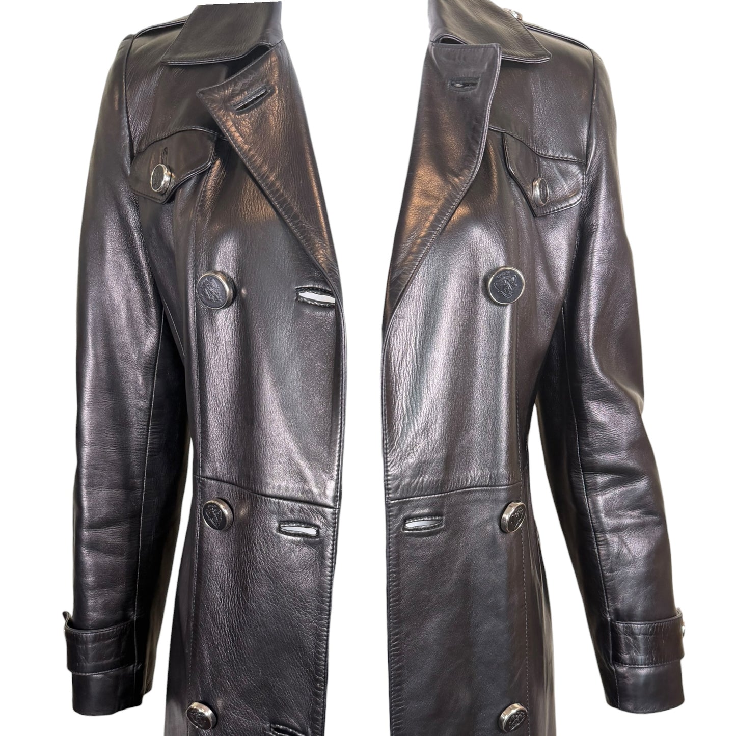 Gucci by Tom Ford Fall 1995 Runway Black Leather Belted Double-Breasted Trench Coat Size 38