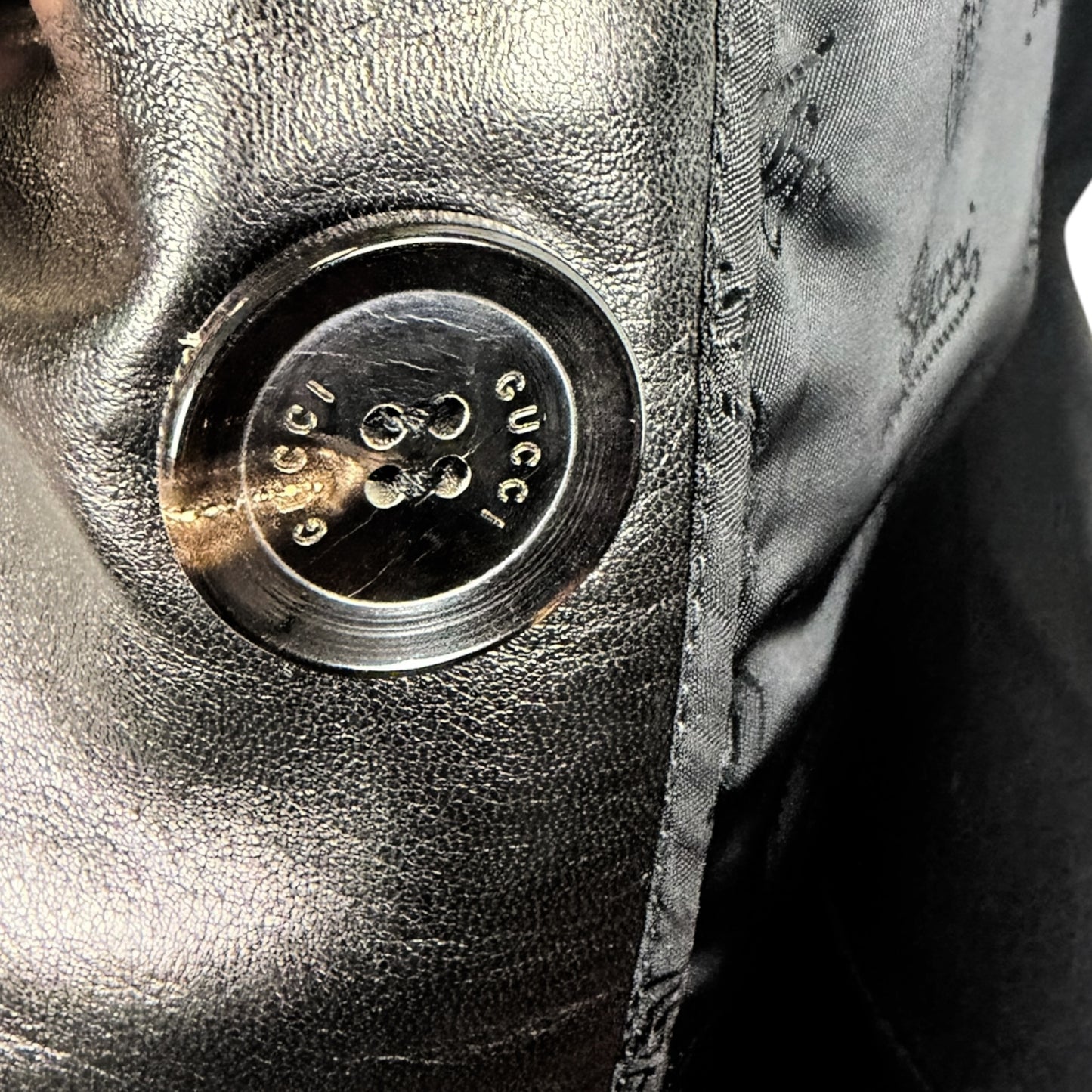 Gucci by Tom Ford Fall 1995 Runway Black Leather Belted Double-Breasted Trench Coat Size 38