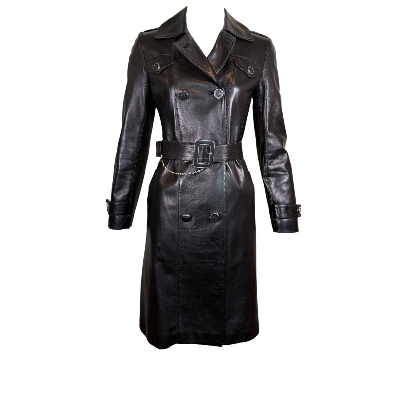 Gucci by Tom Ford Fall 1995 Runway Black Leather Belted Double-Breasted Trench Coat Size 38