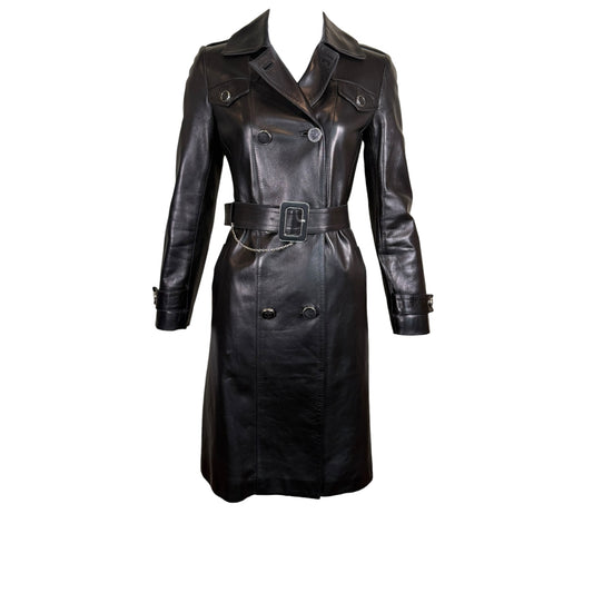 Gucci by Tom Ford Fall 1995 Runway Black Leather Belted Double-Breasted Trench Coat Size 38