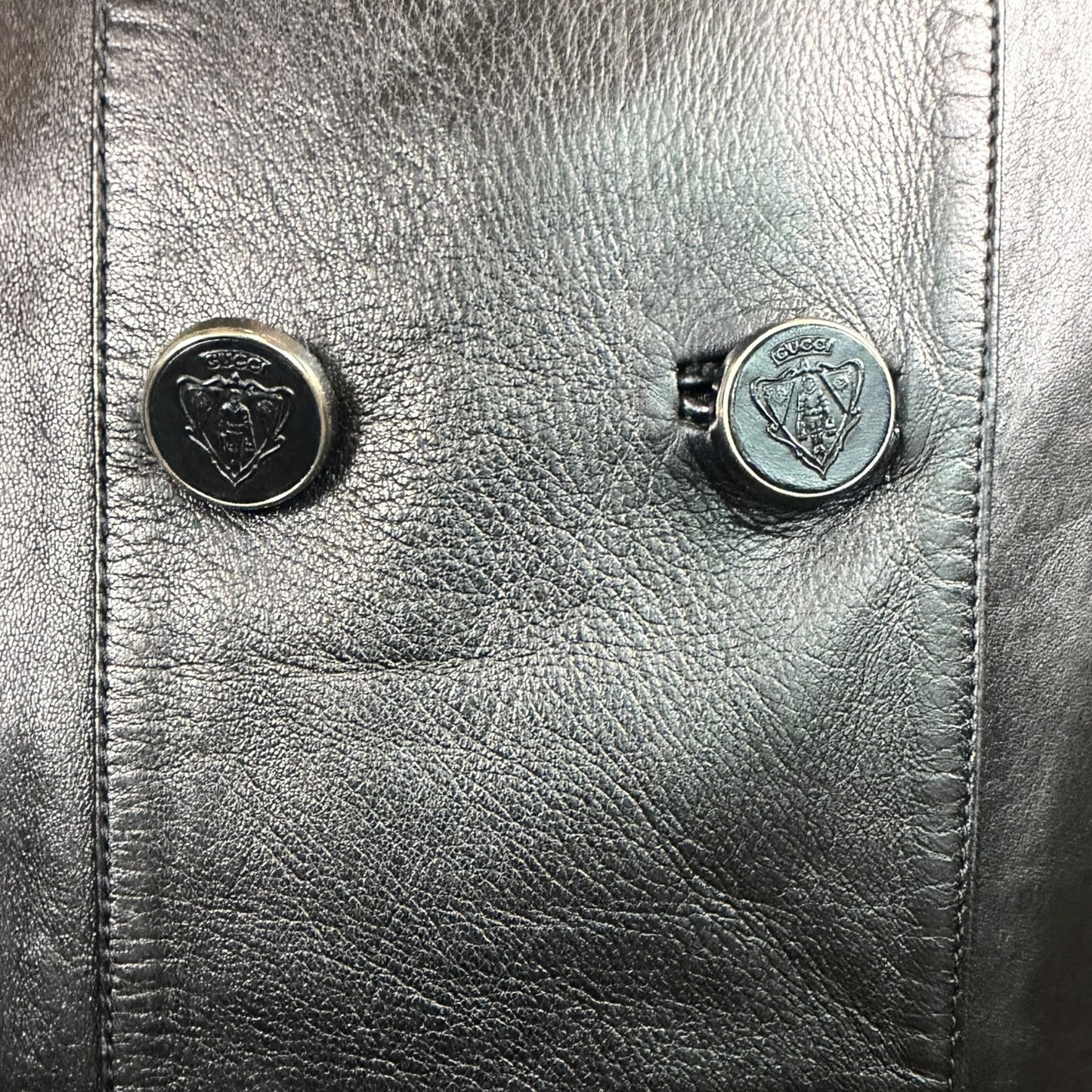 Gucci by Tom Ford Fall 1995 Runway Black Leather Belted Double-Breasted Trench Coat Size 38