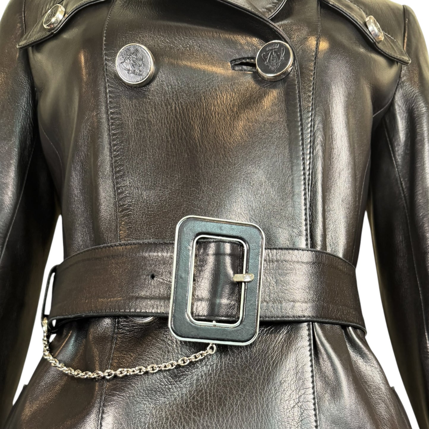 Gucci by Tom Ford Fall 1995 Runway Black Leather Belted Double-Breasted Trench Coat Size 38