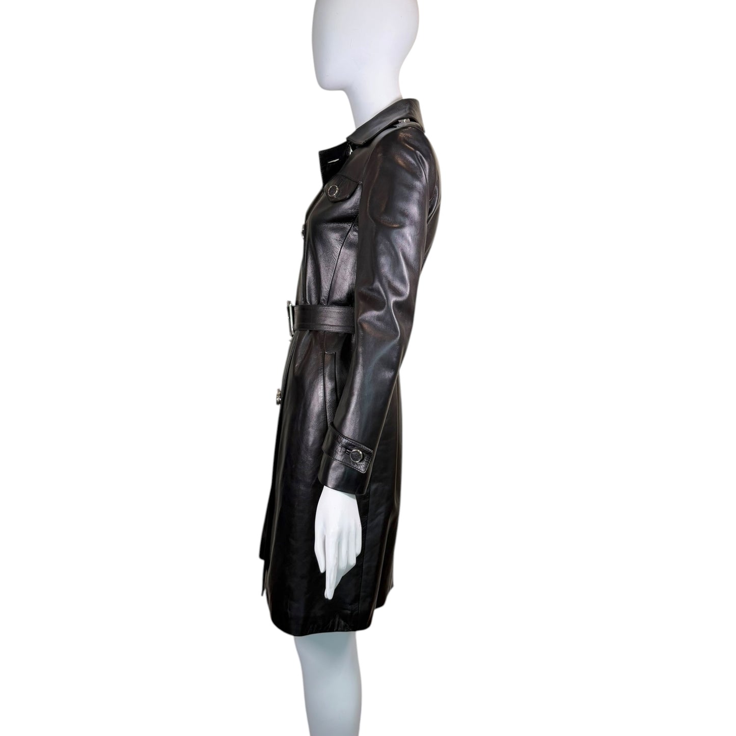Gucci by Tom Ford Fall 1995 Runway Black Leather Belted Double-Breasted Trench Coat Size 38