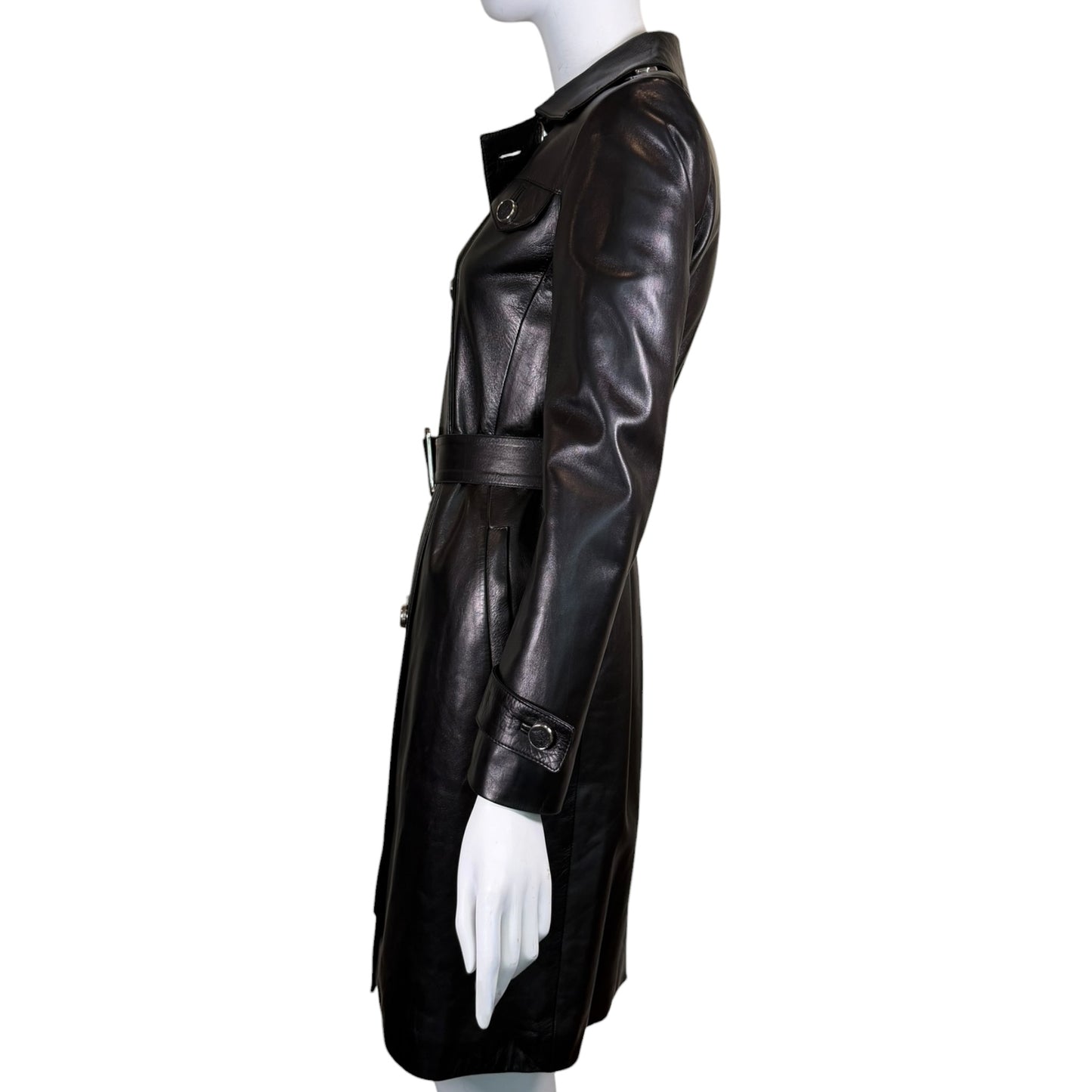 Gucci by Tom Ford Fall 1995 Runway Black Leather Belted Double-Breasted Trench Coat Size 38