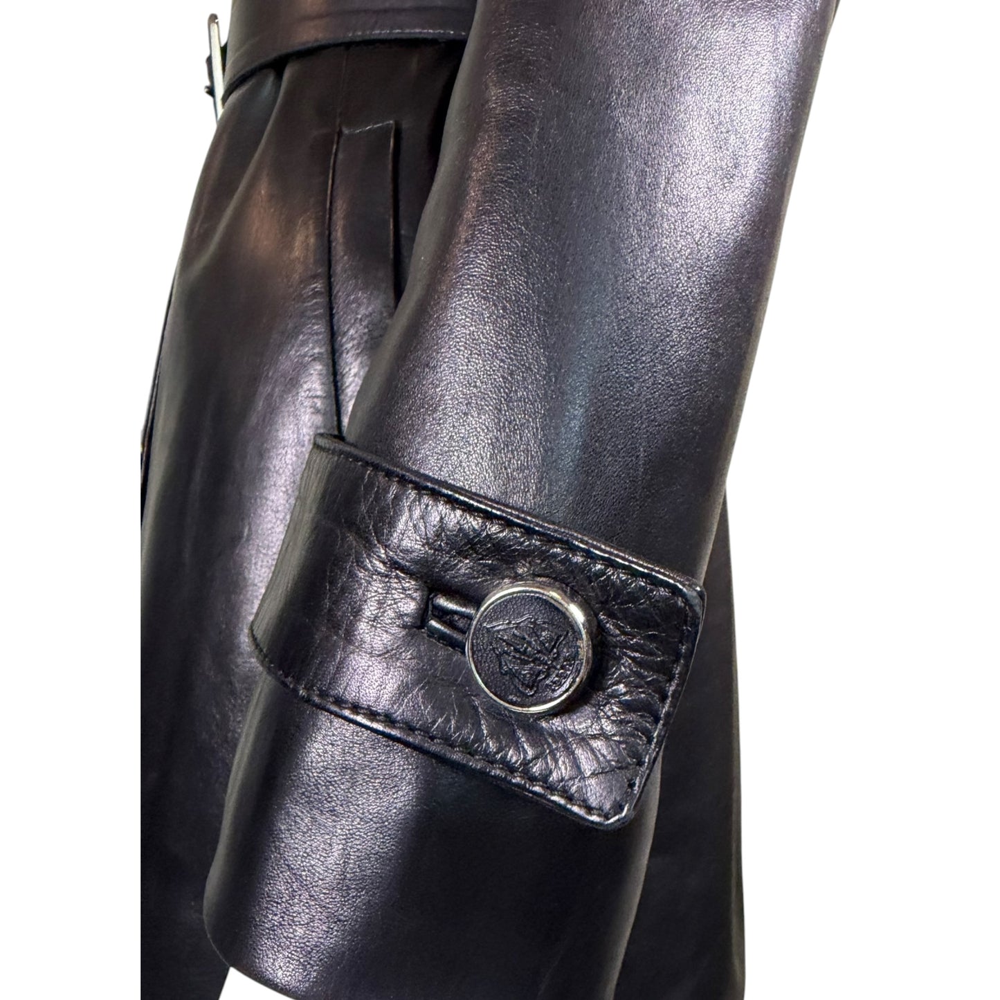 Gucci by Tom Ford Fall 1995 Runway Black Leather Belted Double-Breasted Trench Coat Size 38