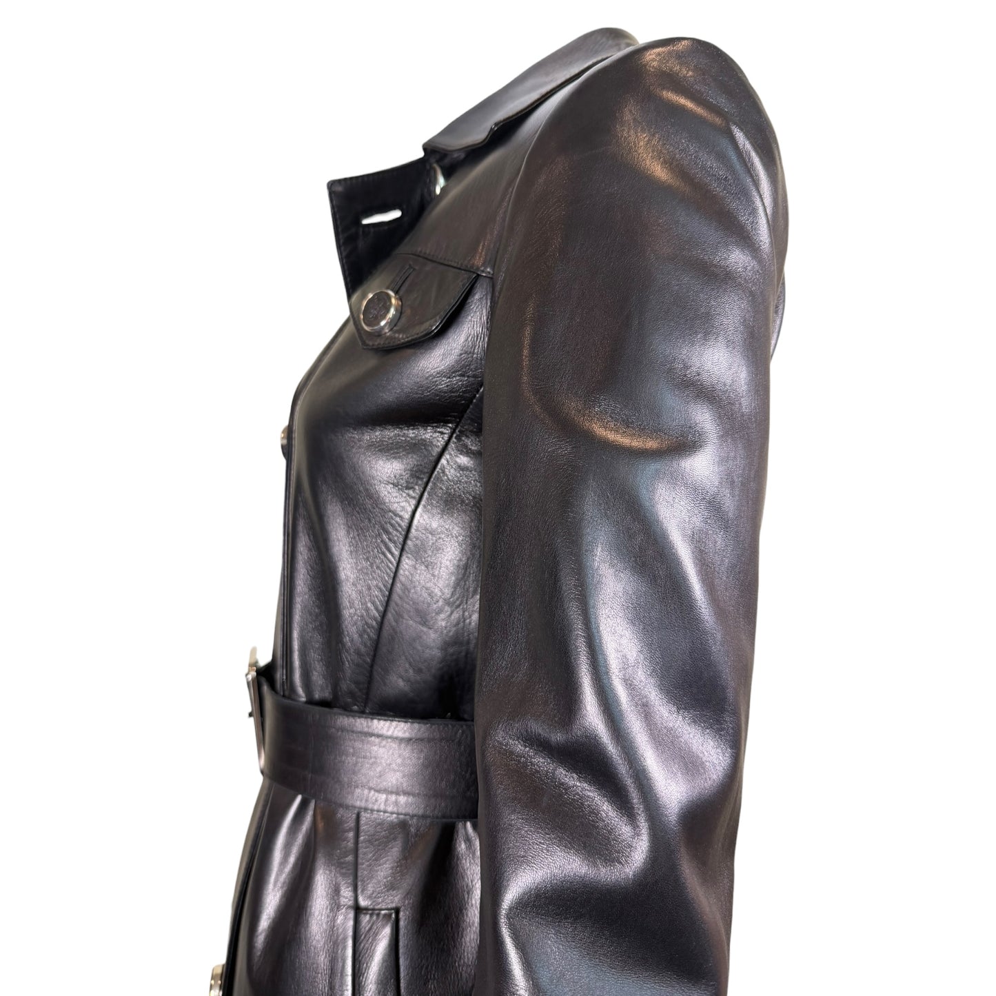 Gucci by Tom Ford Fall 1995 Runway Black Leather Belted Double-Breasted Trench Coat Size 38
