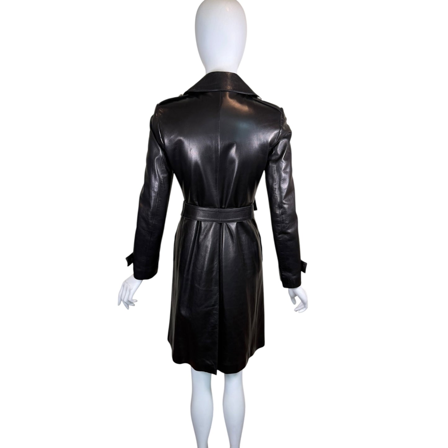 Gucci by Tom Ford Fall 1995 Runway Black Leather Belted Double-Breasted Trench Coat Size 38